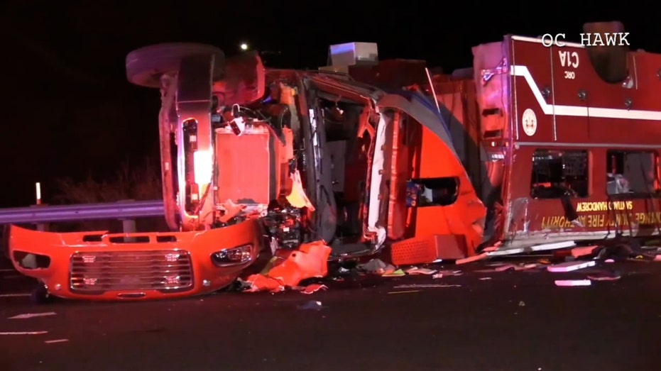 8 California firefighters rushed to hospital after fire truck flips on freeway