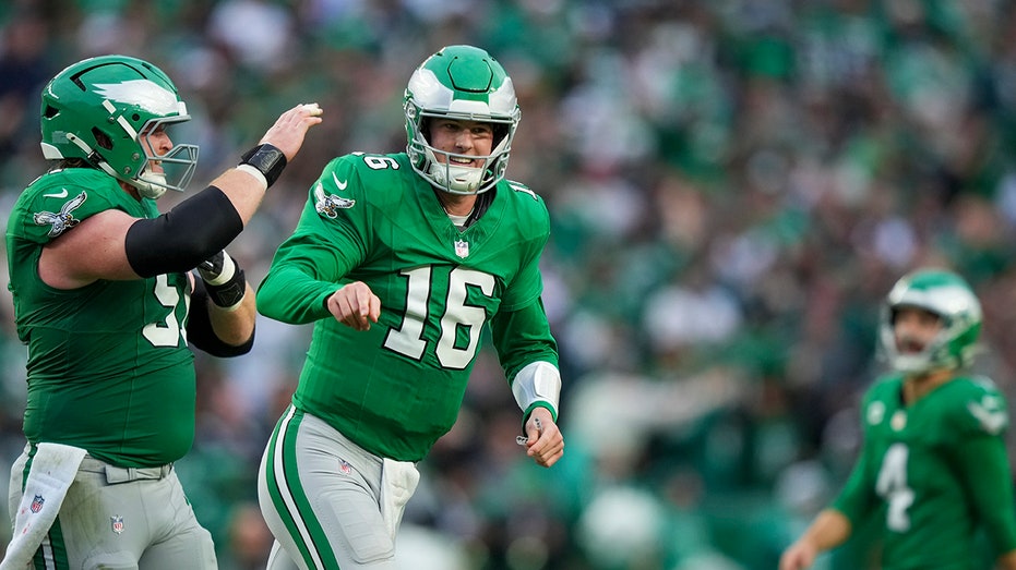 Eagles' Tanner McKee throws 1st career TD pass, teammate AJ Brown launches ball into stands